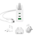 White multi-port USB charger with a built-in cable and three interchangeable plug adapters, shown on a plain white background.