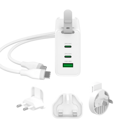 White multi-port USB charger with a built-in cable and three interchangeable plug adapters, shown on a plain white background.