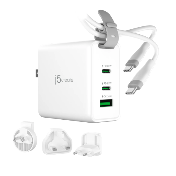 White charging adapter with multiple connectors on a white background