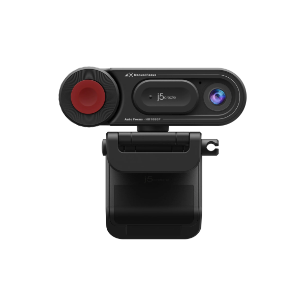 Black webcam with red sensor on a white background