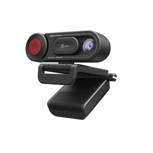 Black webcam with red and blue lights on a white background