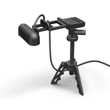 Black camera mount with tripod on a white background