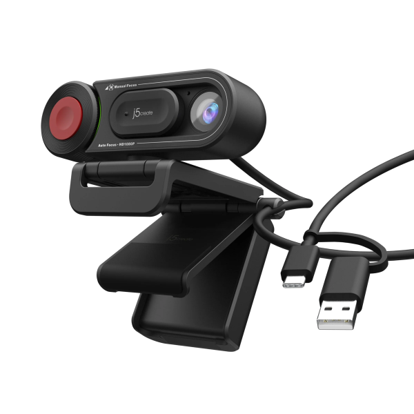 Black webcam with USB cable on a white background