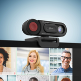 Webcam with a blue gradient background and a video call interface showing four people.