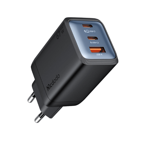 Mcdodo GaN Mini 67W charger 2 USB-C 1 USB-A fast charging – front view black