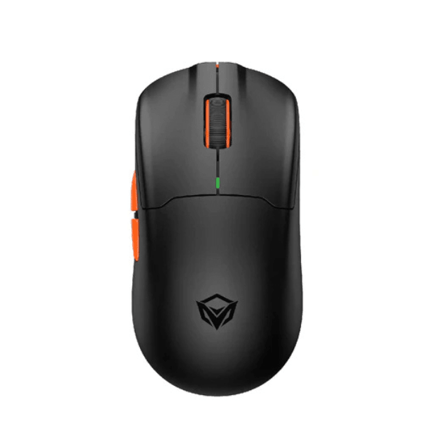 Meetion Air GW39 PAW3395 wireless gaming mouse with magnetic charging dock – front view black orange
