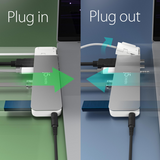 A split-screen diagram showing a USB-C hub or adapter labeled 'Plug in' on the left and 'Plug out' on the right, with arrows indicating connection and disconnection. The product is a slim rectangular hub in gray and white, shown plugged into a laptop on a green background on the left and floating/diagrammatic on a blue-gray background on the right.
