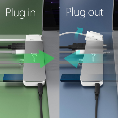A split-screen diagram showing a USB-C hub or adapter labeled 'Plug in' on the left and 'Plug out' on the right, with arrows indicating connection and disconnection. The product is a slim rectangular hub in gray and white, shown plugged into a laptop on a green background on the left and floating/diagrammatic on a blue-gray background on the right.