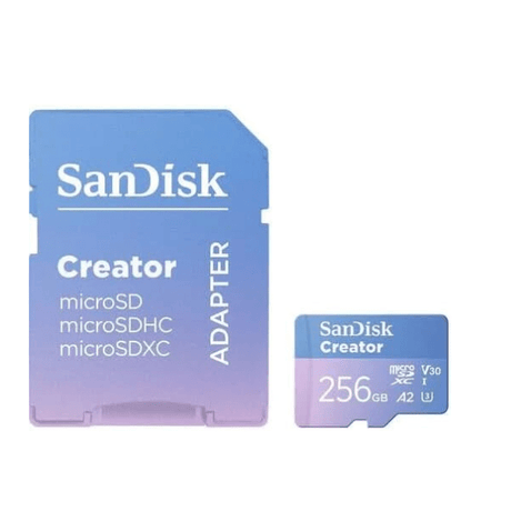 SanDisk Creator 256GB microSDXC card 190/130MB/s with SD adapter – front view