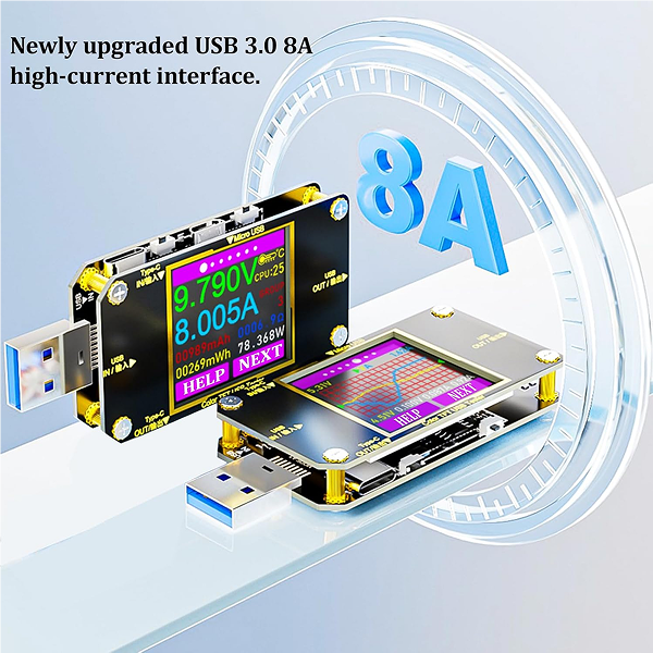 A USB 3.0 8A high-current interface adapter shown in two views on a light blue graphic background.