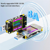 A USB 3.0 8A high-current interface adapter shown in two views on a light blue graphic background.
