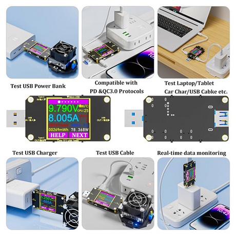 A 6-panel collage demonstrating a multi-port USB power testing and charging device. The panel titles include 'Test USB Power Bank', 'Compatible with PD & QC3.
