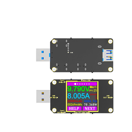 Two black USB power meters with blue USB-A connectors and a backlit LCD display, shown from both front and back views on a white background.
