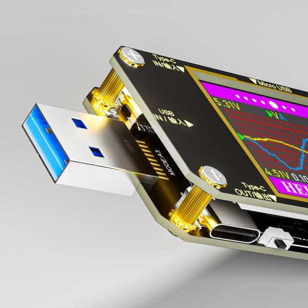 A close-up render of a USB flash drive inserted into a compact electronic device with a display screen and gold-toned internal components, shown on a light gray background.