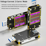 Three views of a black USB-based voltage and current curve meter tool with a colorful LCD screen, gold screws, and blue USB-A connectors, shown on a light gray background with descriptive text.