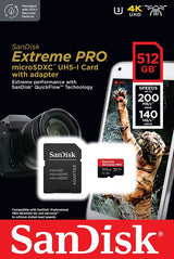 بطاقة SanDisk Extreme Pro microSD UHS I بسعة 512 جيجابايت، وسرعة قراءة 200 ميجابايت/ثانية، وسرعة كتابة 140 ميجابايت/ثانية
