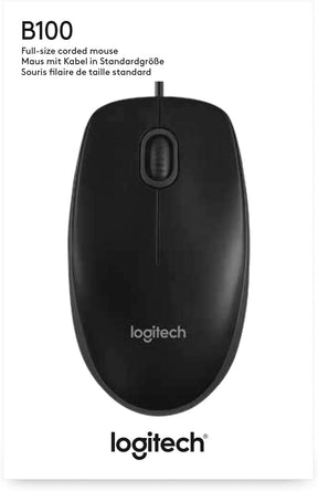 Logitech B100 wired optical mouse – front view black