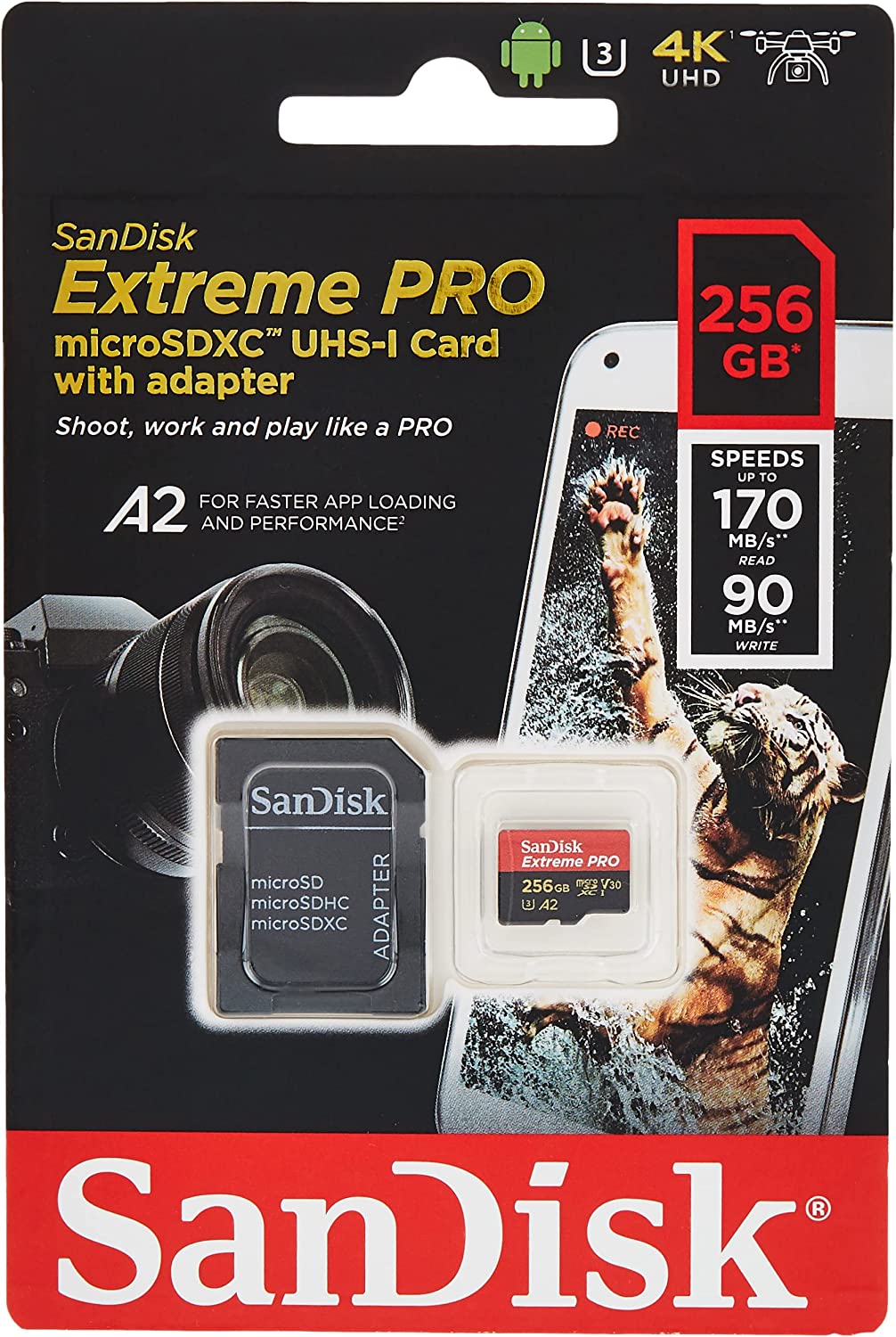 SanDisk Extreme Pro microSD UHS I Card 256GB, 200MB/s Read, 140MB/s Write
