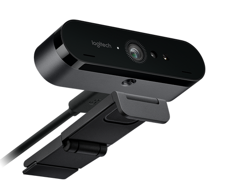Logitech Brio 4K webcam – mounted on monitor for calls