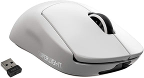 Logitech PRO X Superlight Wireless Gaming Mouse: white gaming mouse with its USB receiver.