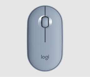 Logitech M350 Pebble Silent Wireless Mouse: light blue mouse viewed directly from above.